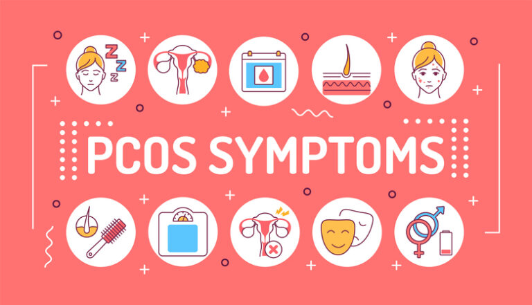 PCOS symptoms word lettering typography. Female reproductive system disease. Infographics with linear icons on red background. Isolated outline color illustration